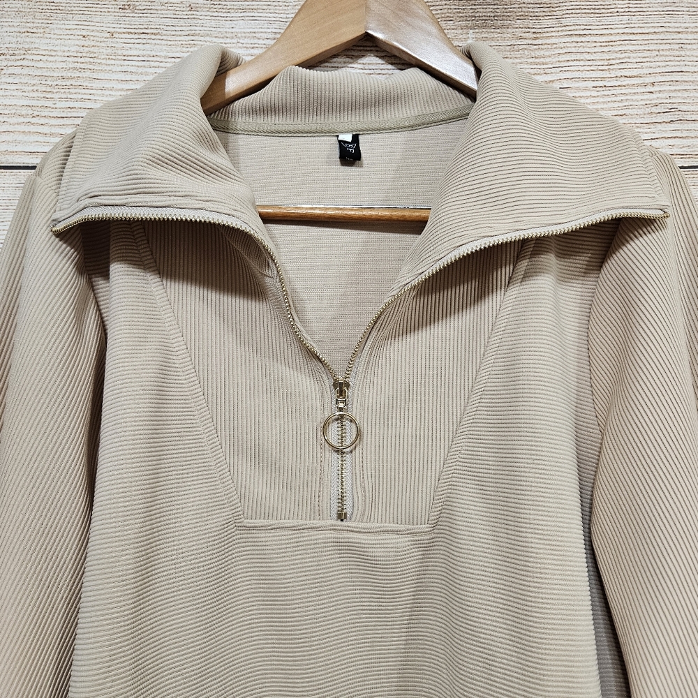 Quarter Zip Ribbed Pullover Top Beige Tan Large - Picture 9 of 13